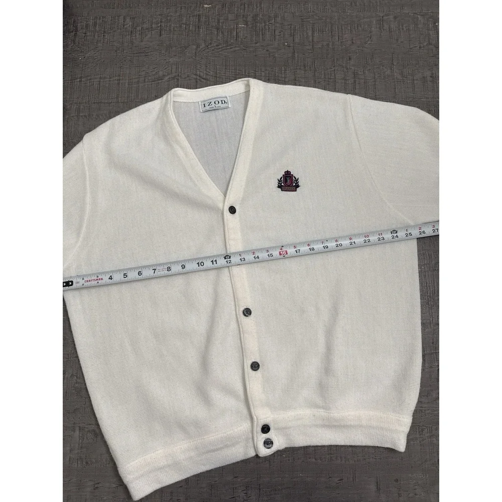 Vintage IZOD USA Cardigan Sweater Crest Logo‎ White Acrylic Knit Preppy 80s 90s
